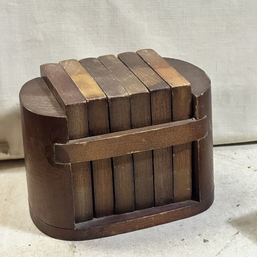 Vintage wooden set of 6 coasters shaped like books with bookshelf