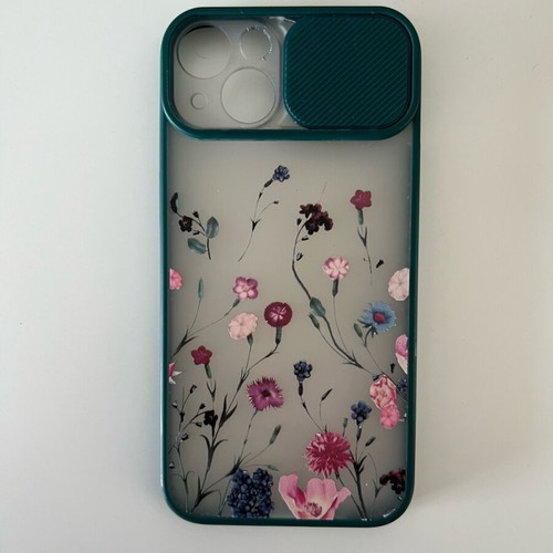 iPhone 13 case like new, cypress color with multicolor flowers and cover