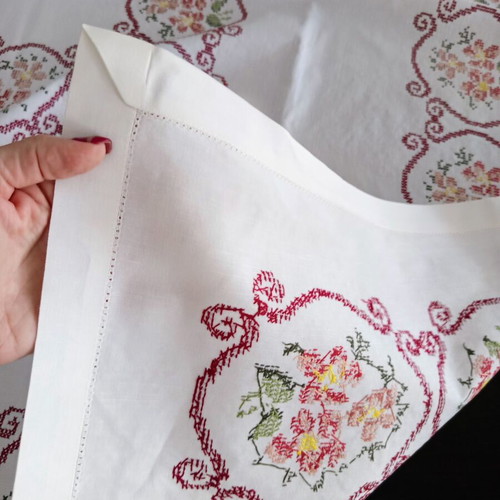 Handmade White Tablecloth 155x166 cm with Cross Stitch and Azur Finish