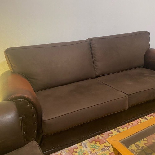 Leather antique sofa set used, 3 pieces with suede cushions