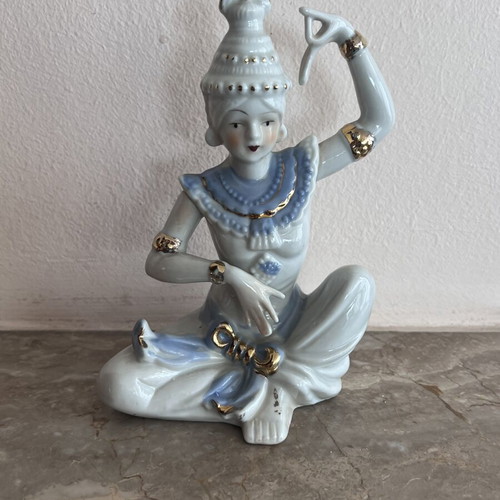 Vintage porcelain Thai Temple Dancer figurine, blue white gold