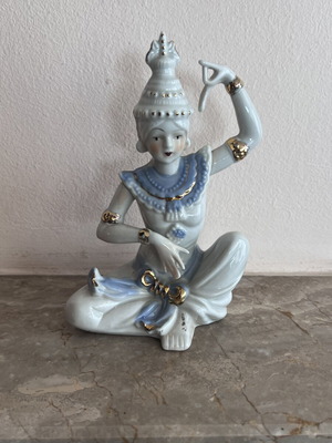 Vintage porcelain Thai Temple Dancer figurine, blue white gold