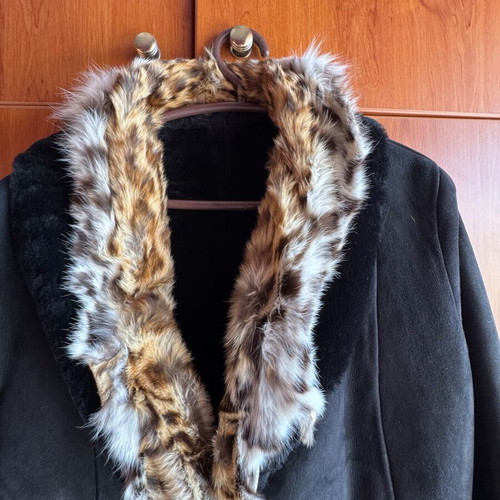 Shearling Original Sheepskin Women's Leather Coat Like New, Black and Grey
