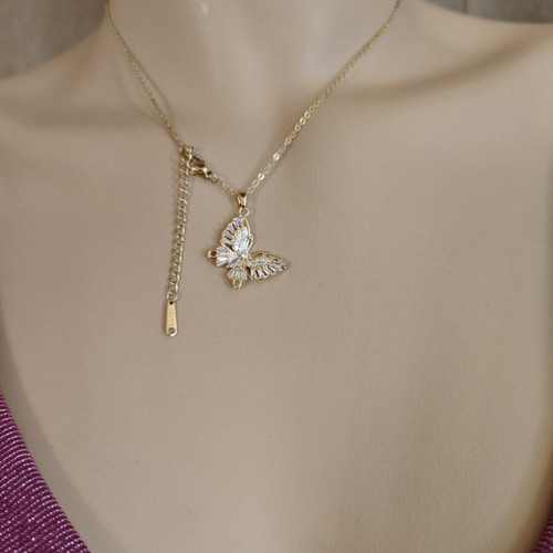 Butterfly necklace new stainless steel with strass, gold color