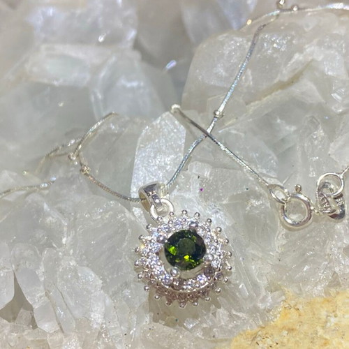 Silver pendant with natural intense green tourmaline and moissanite, new