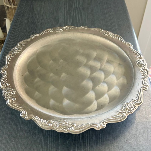 Vintage serving tray used, silver color with carved baroque design