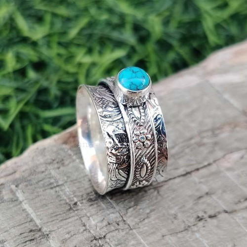 Boho ring with natural turquoise new, silver plated metal