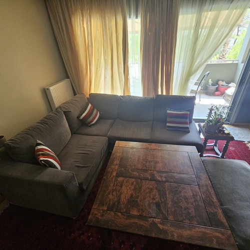 Corner sofa used, solid beech wood, gray, with ottoman extension