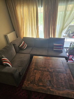 Corner sofa used, solid beech wood, gray, with ottoman extension