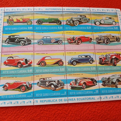 Sheet of 16 vintage car stamps new, Equatorial Guinea