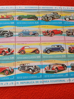 Sheet of 16 vintage car stamps new, Equatorial Guinea