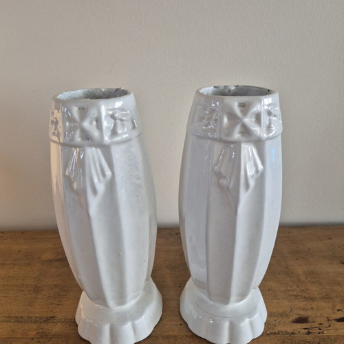 Art Deco White Enameled Cast Iron Cemetery Vases, Pair