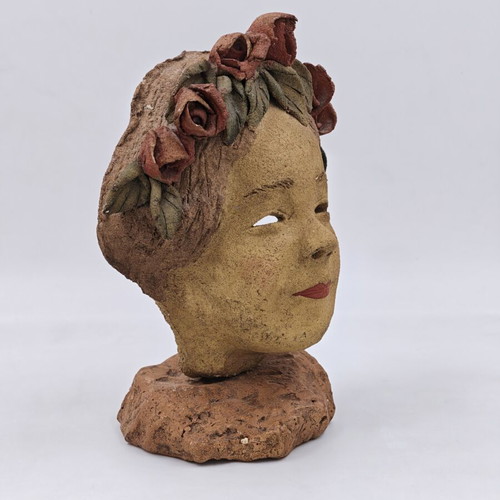 Ceramic mask on stone base by Popi Lydaki used