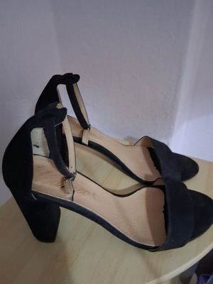 Black suede sandals Greek made like new, 9 cm heel