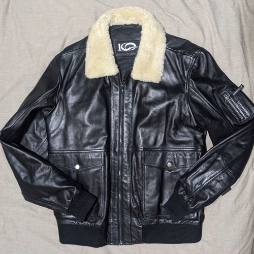 Men's leather pilot aviator bomber jacket new, black with removable fur