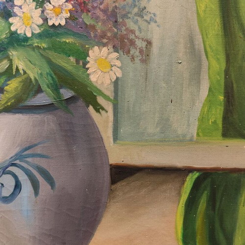 Oil painting on canvas used, flowers in window with wooden frame