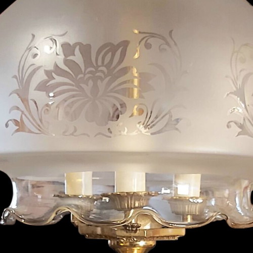 Vintage 1970 3-light ceiling lamps like new with frosted glass and brass details