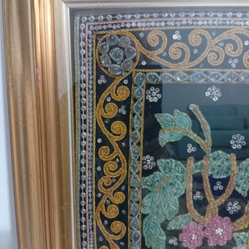Peacock Embroidery Textile Panel with Gold Frame