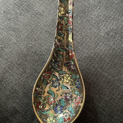 Vintage Chinese Cloisonné Soup Spoon used, floral enamel