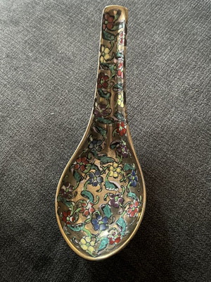 Vintage Chinese Cloisonné Soup Spoon used, floral enamel