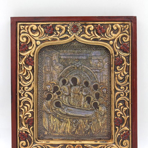 Vintage handmade icon of the Dormition of Theotokos 21.5x26cm like new