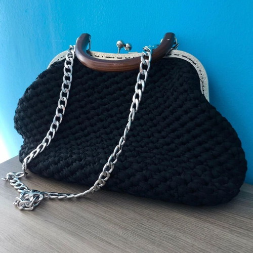 Handmade knitted shoulder bag used, black with wooden handle and chain