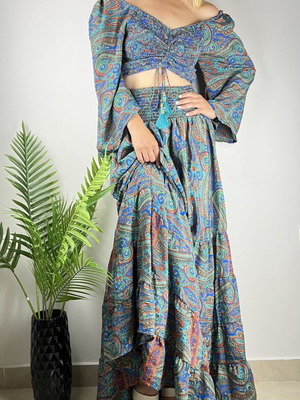 Silk Boho Summer Set for Women with Top and Skirt