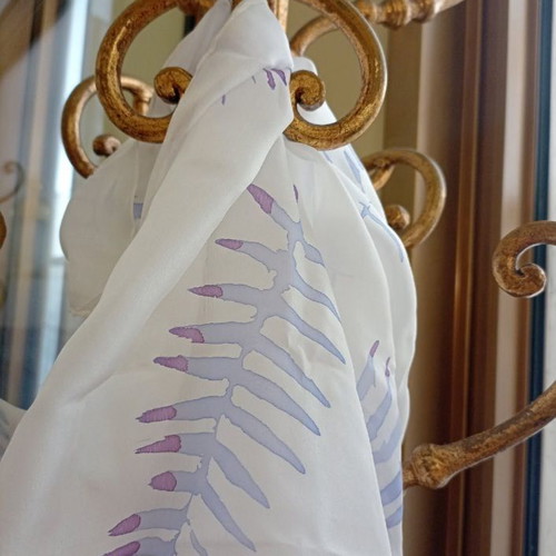 Silk scarf handmade new, white with painted leaves