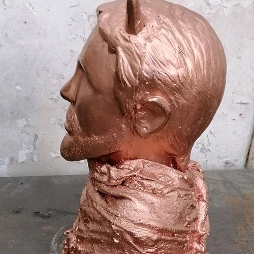 Handmade plaster sculpture with patina, figure with horns 25 cm