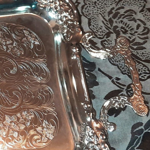 Twin bird serving tray used, nickel-plated steel, 1980s vintage