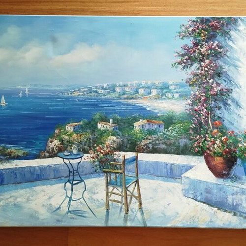 Large canvas painting with Greek Mediterranean landscape like new