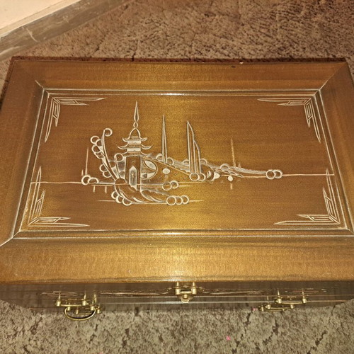 Carved antique box 40 years old like new, filled with silver cutlery