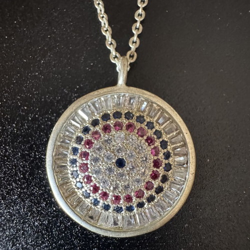 Silver women's necklace with eye design and colorful zircon crystals like new