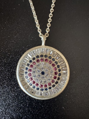 Silver women's necklace with eye design and colorful zircon crystals like new