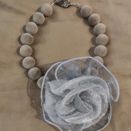 Handmade necklace new with large gray flower and velvet beads