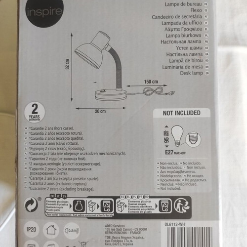 Desk lamp white new with gift bulb