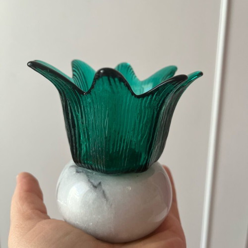 Vintage tulip candleholder & vase like new, green glass with marble base