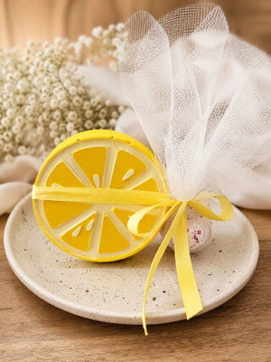 Handmade baptism bombonieres with lemon, orange, and strawberry