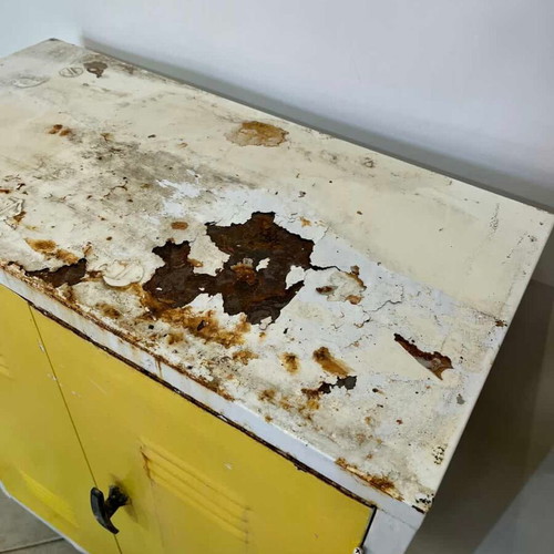 Metal outdoor cabinet with yellow doors and white frame 100x80x40