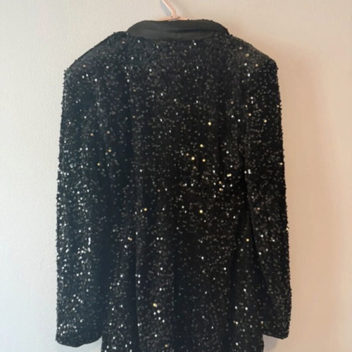 Sequin tuxedo blazer with satin trim, black, size L