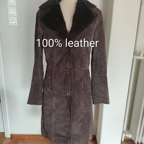 Zara brown long leather coat like new with synthetic fur lining