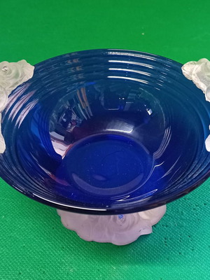 Cup in blue glass with opaque transparent flowers used, vintage 1980s