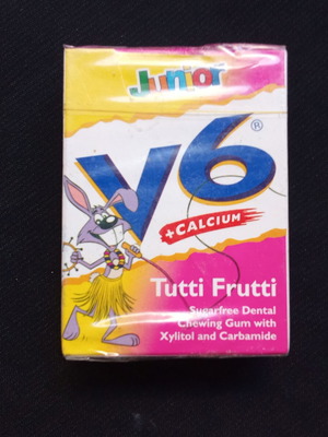 V6 Junior Tutti Frutti vintage chewing gum packaging used, 1990s 2000s