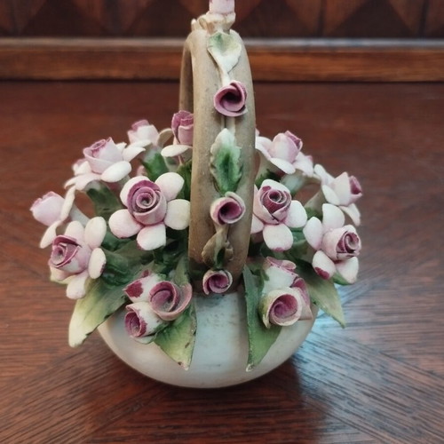 Vintage decorative basket with porcelain flowers Capodimonte style, like new