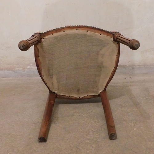 Pair of carved wooden chairs with striped fabric seat like new