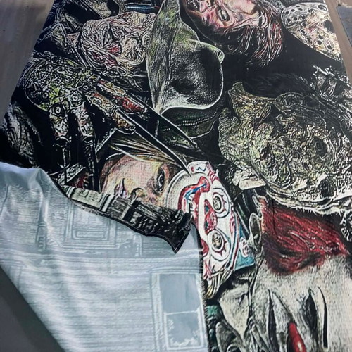 Vintage horror blanket used with graphic print, large 2x2.2m
