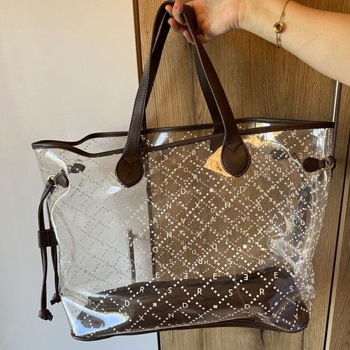 Transparent beach tote bag with brown faux leather, like new