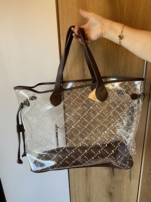 Transparent beach tote bag with brown faux leather, like new