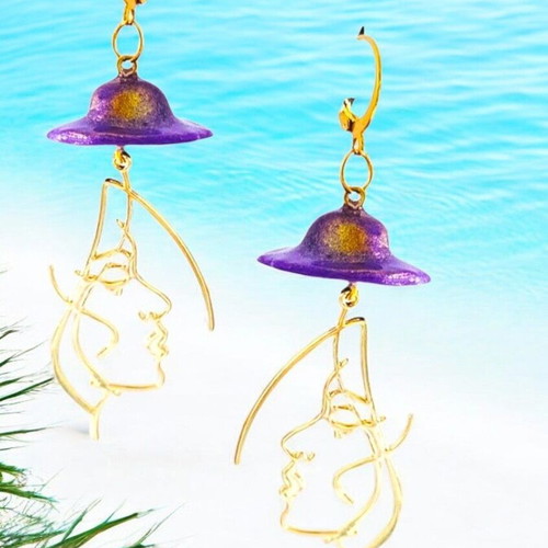 Handmade long dangle earrings with purple hat and gold details