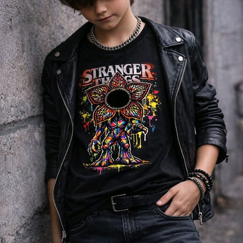 Stranger Things Inspired Neon Demogorgon T-shirt made to order, Black